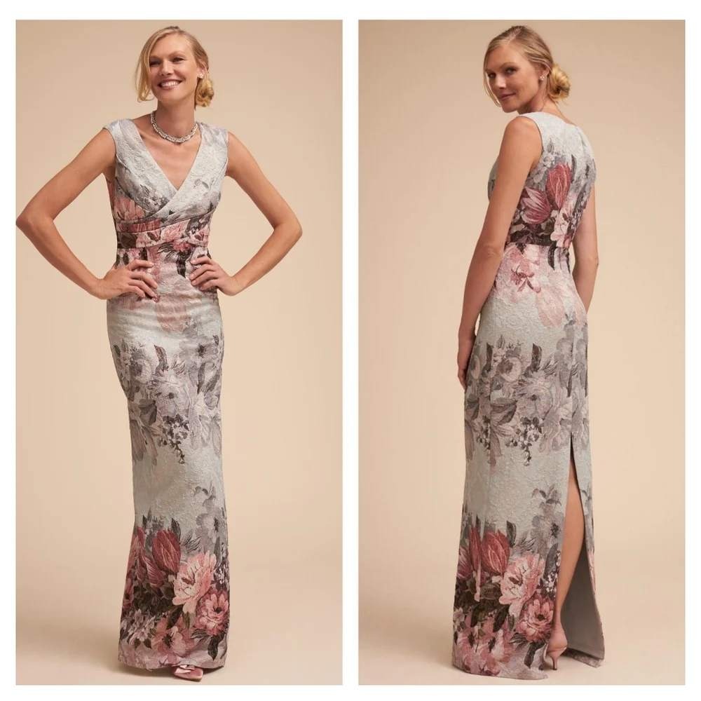 Adrianna Papell Lilliana Textured Crepe Metallic Maxi Dress Size 16 Blue Floral